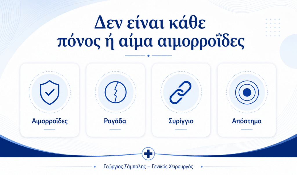 Διαφοροδιάγνωση αιμορροΐδων από ραγάδα πρωκτού συρίγγιο και περιεδρικό απόστημα