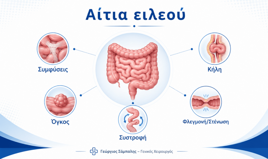 Αίτια ειλεού με συμφύσεις, κήλη, όγκο, συστροφή και φλεγμονή ή στένωση του εντέρου