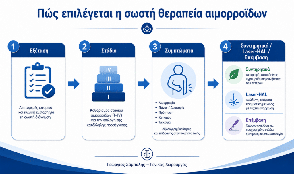 Επιλογή θεραπείας αιμορροΐδων ανάλογα με στάδιο συμπτώματα αιμορραγία πόνο και πρόπτωση