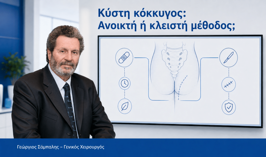 Κύστη κόκκυγος: σύγκριση ανοικτής επούλωσης και κλειστής μεθόδου εκτός μέσης γραμμής