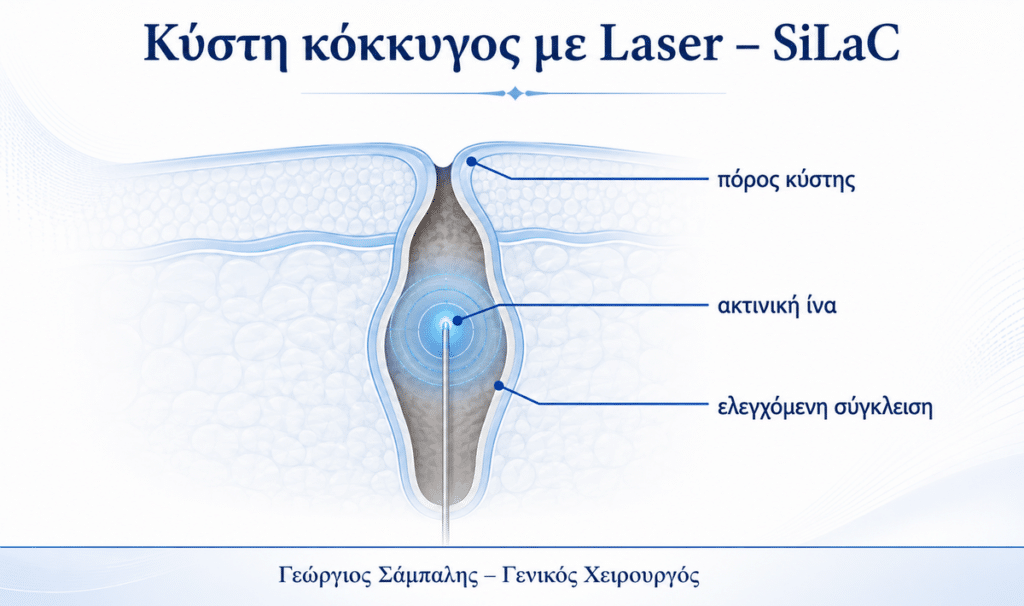 Θεραπεία κύστης κόκκυγος με Laser SiLaC με ακτινική ίνα μέσα στους πόρους