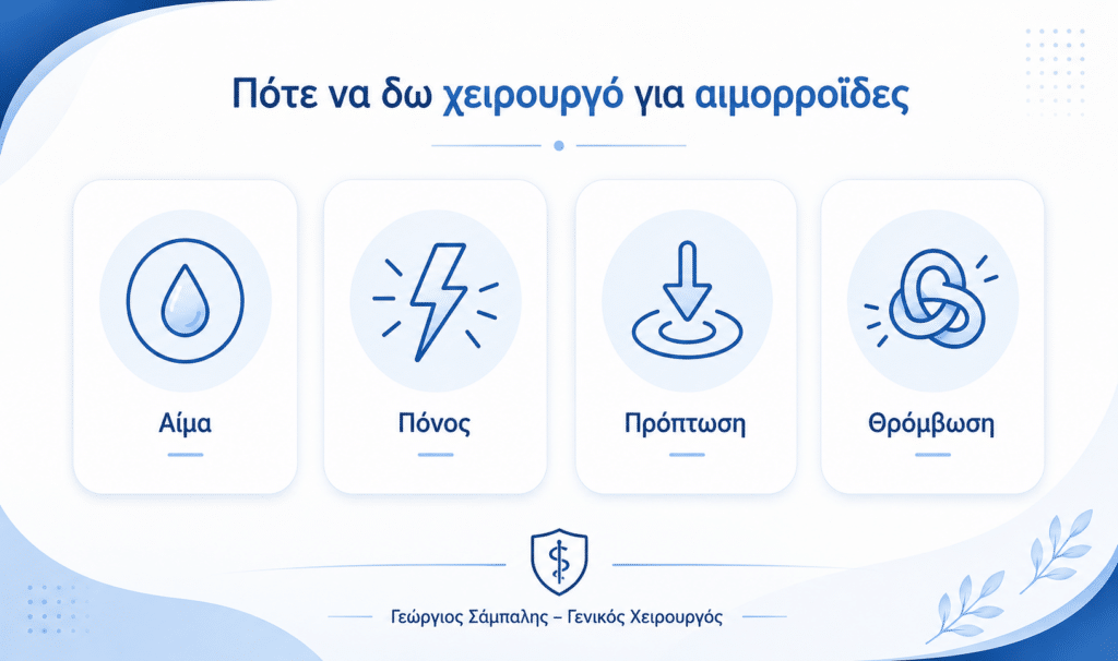 Πότε πρέπει να δω χειρουργό για αιμορροΐδες με αίμα πόνο πρόπτωση και θρόμβωση