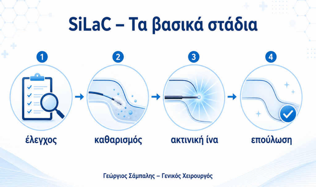 Στάδια θεραπείας κύστης κόκκυγος με Laser SiLaC από τον καθαρισμό έως την επούλωση.