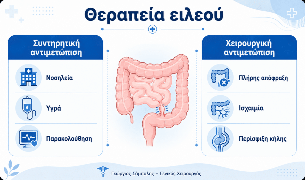 Θεραπεία ειλεού με συντηρητική αντιμετώπιση ή χειρουργείο ανάλογα με την αιτία και τη βαρύτητα