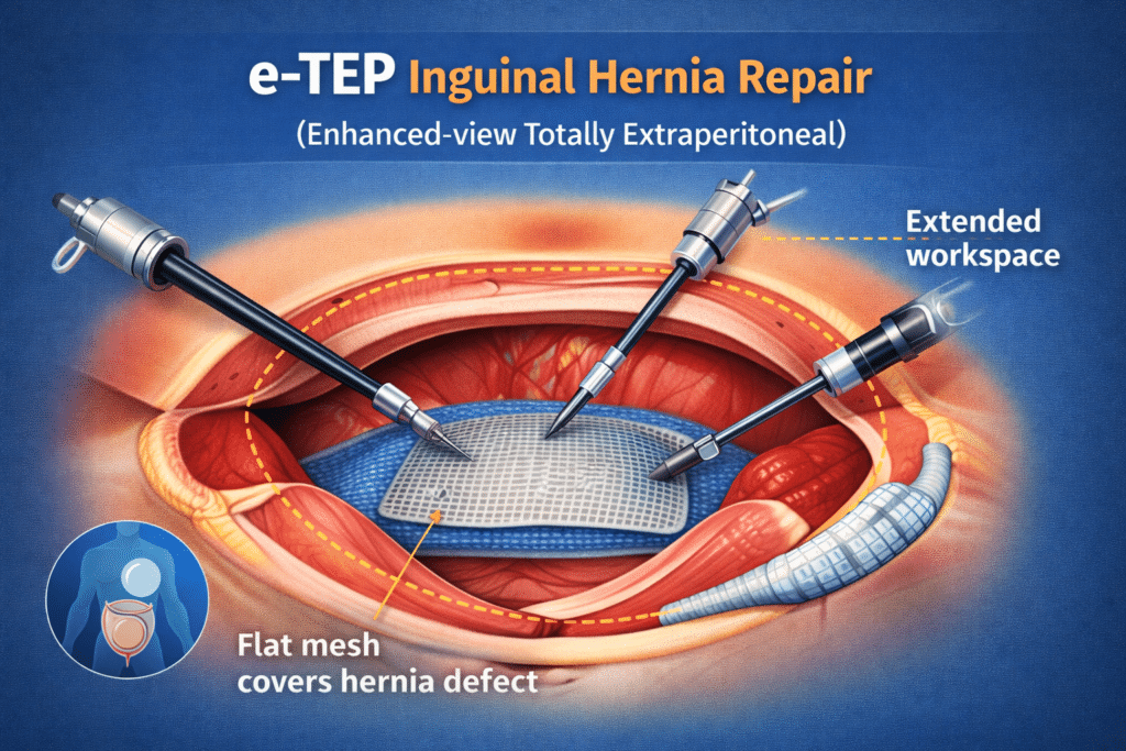 e-TEP (enhanced-view ή extended-view totally extraperitoneal repair)