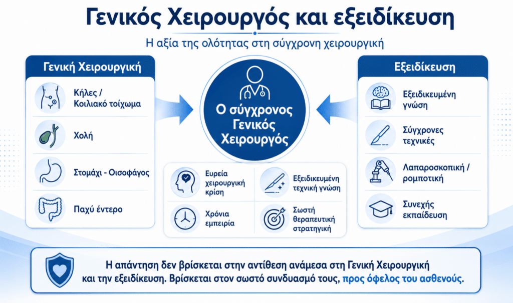 Γενικός Χειρουργός με εξειδίκευση στη λαπαροσκοπική και ρομποτική χειρουργική, με έμφαση στην ολότητα της χειρουργικής κρίσης.