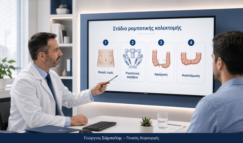 Στάδια ρομποτικής κολεκτομής με μικρές τομές, αφαίρεση τμήματος εντέρου και αναστόμωση.
