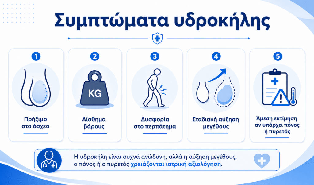 Συμπτώματα υδροκήλης με πρήξιμο στο όσχεο, βάρος και δυσφορία