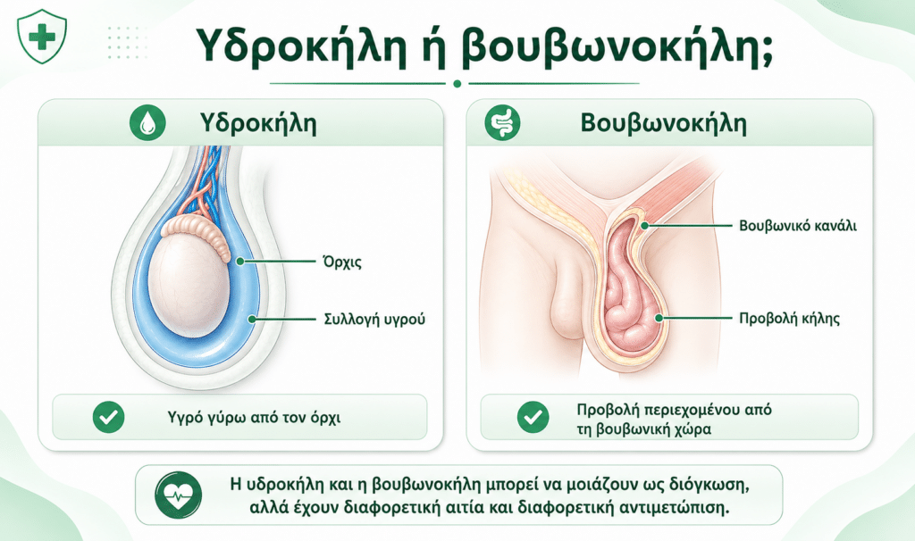 Διαφορά υδροκήλης και βουβωνοκήλης σε πρήξιμο στο όσχεο ή στη βουβωνική χώρα